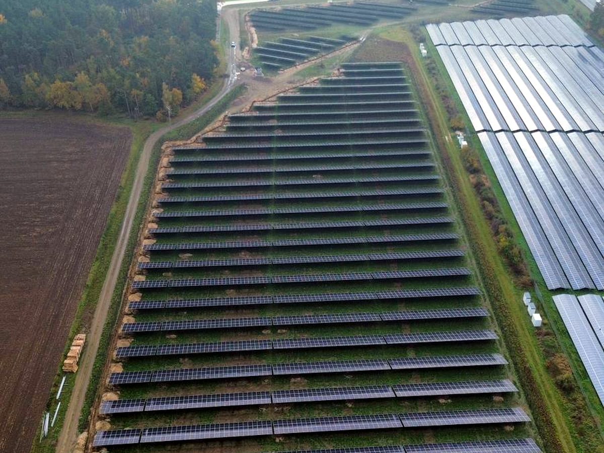 PV farm on greenfield — drone photo