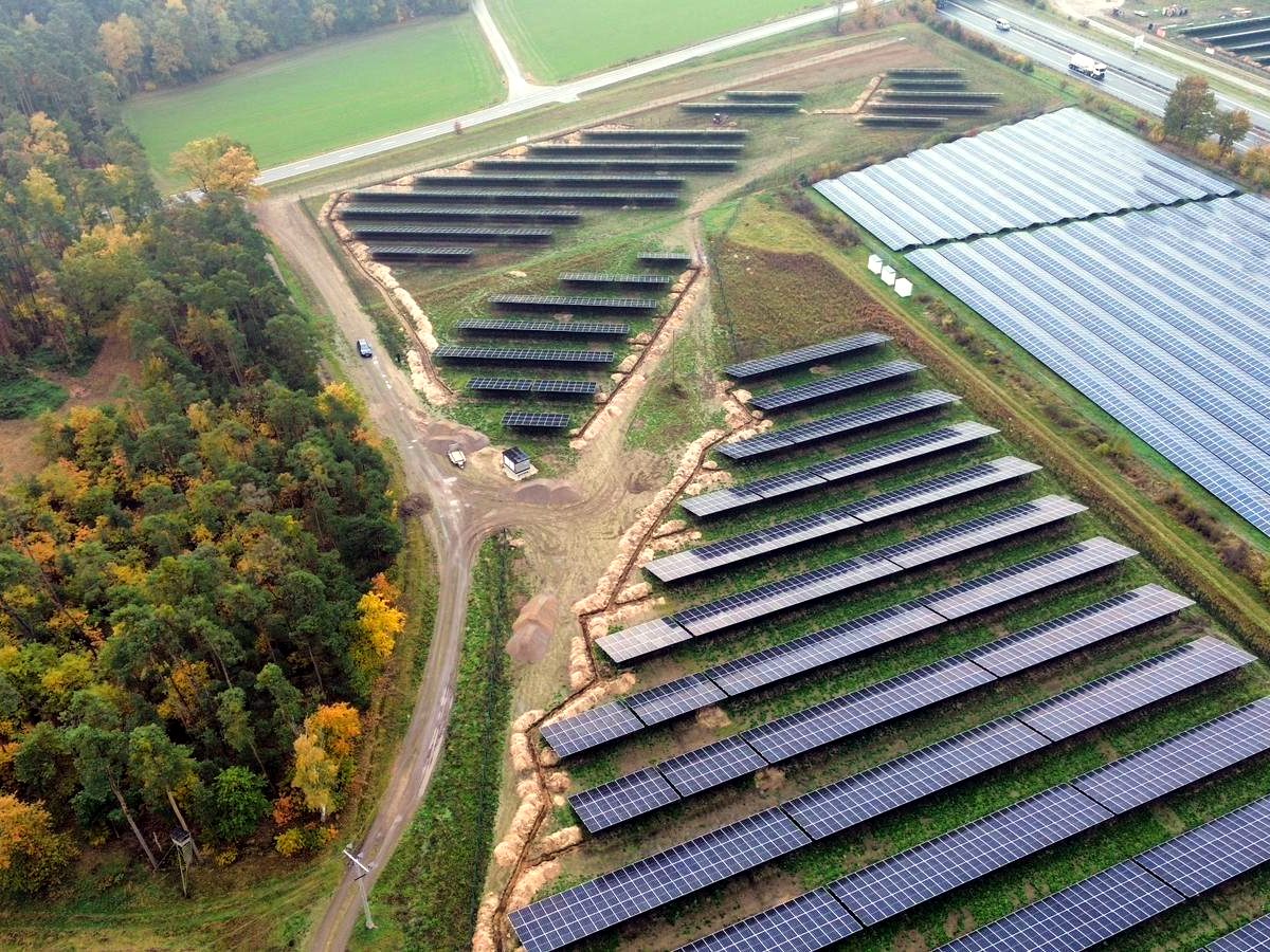 Rows of PV modules — drone photo