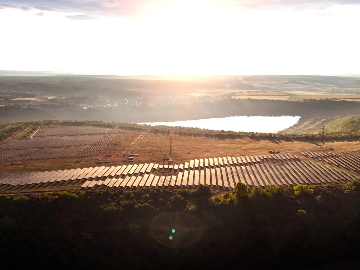 PV construction site with site facilities — drone photo